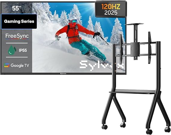 SYLVOX 55 Outdoor TV Bundle for Smooth Sports and Gaming 120Hz, 1000 Nits, 4K UHD, IP55 Waterproof, Dolby Atmos, Google TV, with Rolling TV Cart Stand