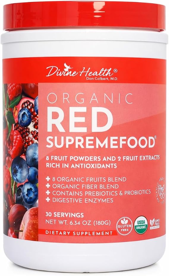 Dr. Colbert, MD Organic Red Supremefood | Berry Flavored Blend | by Divine Health | 10 Organic Fruits | Probiotics | Enzymes | Herbs | Fiber | Antioxidants | Non-GMO | 30 Day Supply | 180g