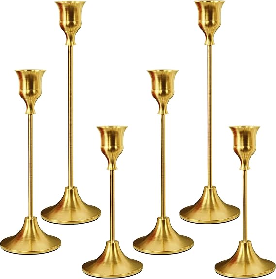 2 Sets(6 Pcs) Gold Taper Candle Holders, Metal Candlestick Holders for Standard Taper Candles, Modern Vintage Table Centerpiece Decor for Wedding, Christmas, Halloween, Dining Table & Mantel