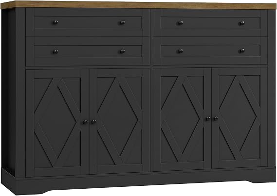 HOSTACK 55"W Kitchen Buffet Sideboard Cabinet with 4 Storage Drawers, Black