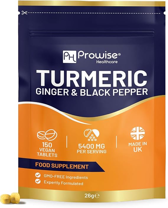 Turmeric Tablets 5400mg with Black Pepper, Ginger - Turmeric 95% Curcumin Supplements | 150 Easy Swallow Tablets (Not Capsules or Powder) - Letterbox Friendly - Made in UK - Prowise