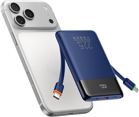VEGER 10000mAh 0.4lb Fast Charging Portable Charger with Built-in Cables