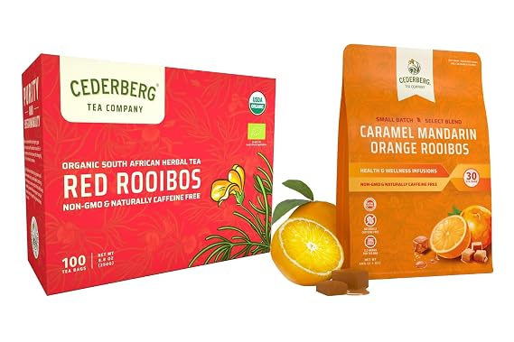 Cederberg Tea Company Organic Herbal Teas Red Rooibos 100 count & Caramel Mandarin Orange Rooibos Tea 30 count Bundle - 130 Tea Bags