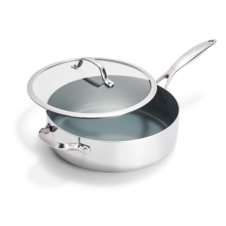 GreenPan Valencia Pro Tri-Ply Stainless Steel 5QT Saute Pan with Lid, PFAS-Free Ceramic Nonstick Coating, Induction Ready Cookware, All Cooktops, Deep Jumbo Cooker, Dishwasher & Oven Safe to 600F