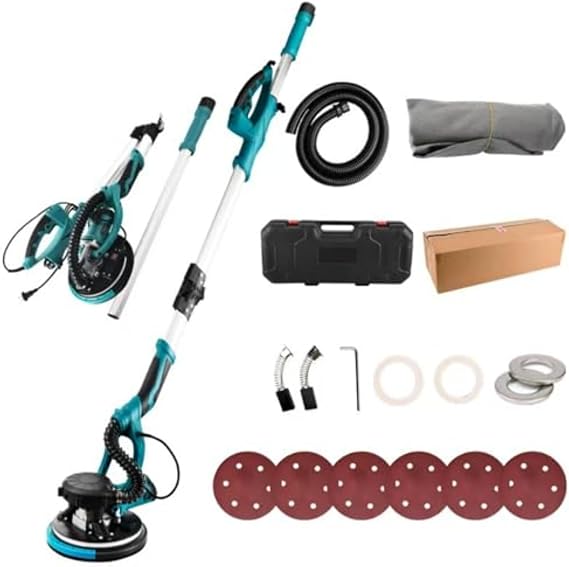 Electric Drywall Sander, 110V Telescopic Handle Pole Sander, Electric Tool with Dust Collector Bag and Vacuum Attachment, 5 Speeds, 56 Sanding Discs Variable Speed 1000-2100 RPM, LED Light