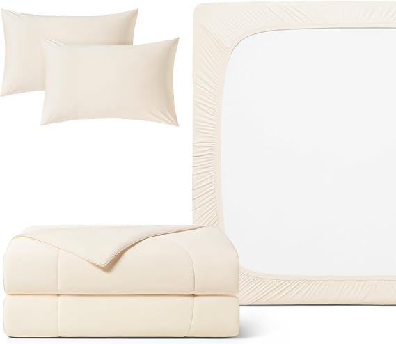 REST Buy 2 GET 35 Percent Off: Evercool Comforter Plus 3PC Starter Sheet Set Bundle, in Snow Ivory, King Size
