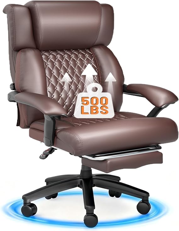 HOMREST 500lbs Big and Tall Office Chair, Ergonomic Heavy Duty Chair with Adjustable Lumbar Support & Wide Armrests, Executive Leather Office Chair with Backrest and Wheels, Brown