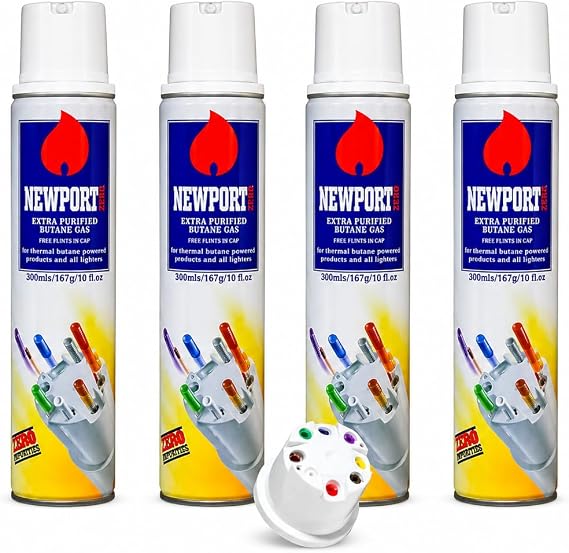 Newport Zero Butane Refill for Lighters, 300ml Ultra Refined Lighter Fluid, Near Zero Impurities, Universal Lighter Refill with 8 Adapter Tips & 2 Bonus Flints for Lighter, Torches