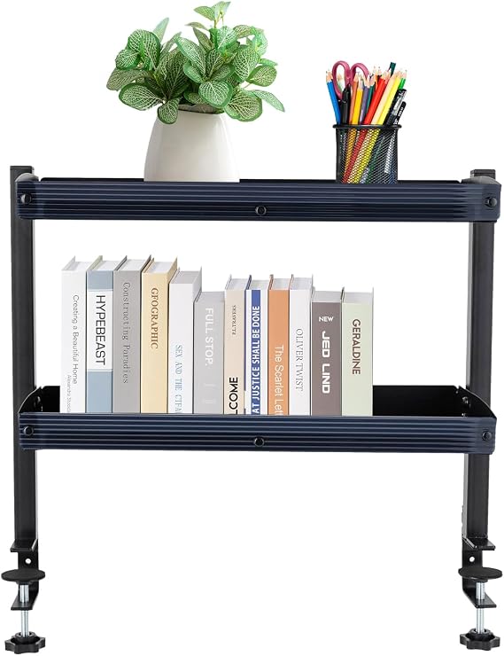 Desk Shelf Clamp-on Desk Organizer 2-Tier Shelving with Adjustable Storage Tray, Black