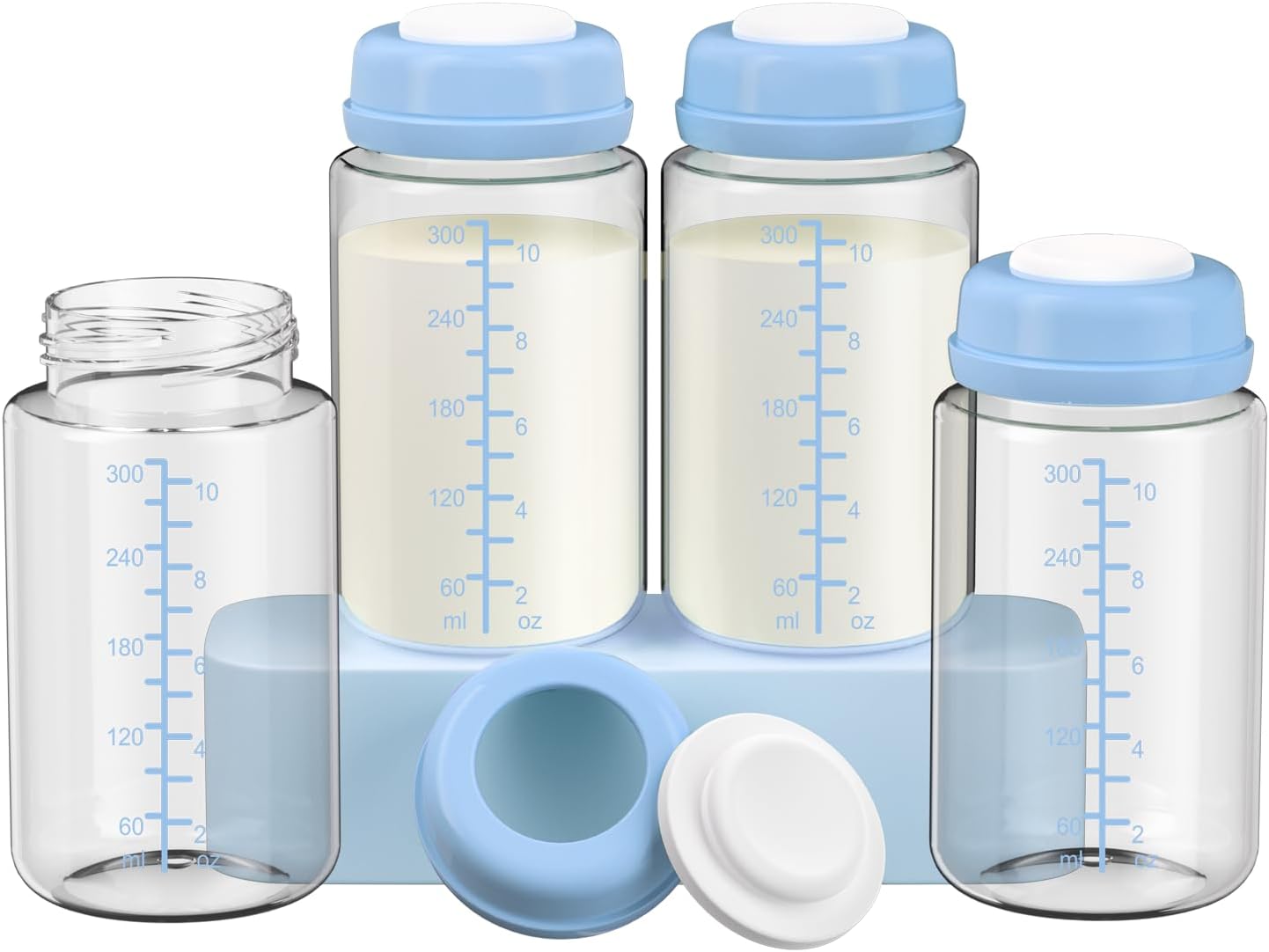 4 Pack 10oz Wide Mouth Breastmilk Storage Bottles Momcosy Milk Cooler, 22oz and Others 22oz Cooler, Pump Storage Container, Fits Spectra S1S29 PlusSGMotif Luna 4 PcsBlue Lids