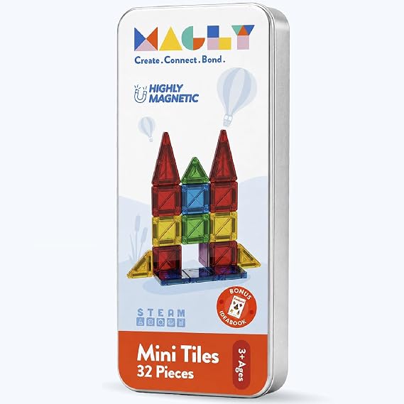 Magly Mini Tiles - Seyahat Boy Manyetik Yapı Blokları - Çocuklar İçin Metal Kutulu 32 Parça Mini Manyetik Oyun Seti