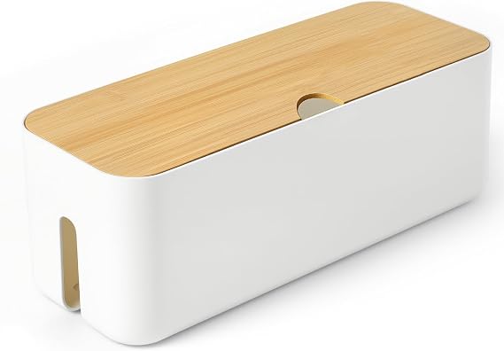 Large Cable Tidy Box, Sturdy Cable Organiser with Bamboo Lid, White