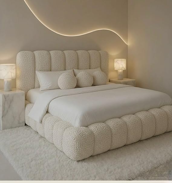 Luxury Cloud Bed Frame, With Slatted Ottoman Gas Lift Storage, Single, Small Double, Double, King, Super king size (Ivory Teddy, Double)