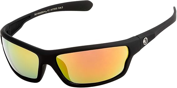 Nitrogen Men's Rectangular Sports Wrap 65mm Polarized Sunglasses (Black Matte Rubberized, Lava Red Mirror)