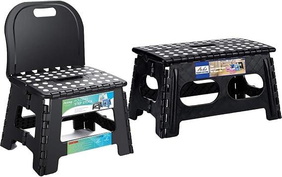 ACSTEP Folding Step Stool, Include Extra Wide Heavy Duty Stepping Stool and Back Support Foldable Step Stool Black