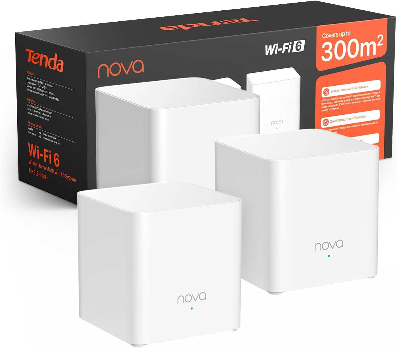 Tenda Nova MX3 Mesh 3 Packs - 6 AX1500 Wi-Fi Mesh System, Dual Band WLAN Mesh Router, 3-5 Piece Coverage, Easy Installation, Parental Control, 2.4 GHz  5 GHz, 2 Ports