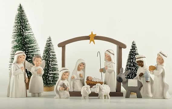 MeritMode Christmas Nativity Scene Set, 12-Piece Holy Family Figurines | Hand-Painted Cream White Resin With Baby Jesus, Mary, Joseph, Manger And Animals For Mantels And Religious Tabletop Decor