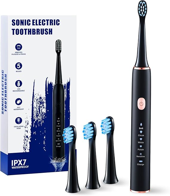 Electric Toothbrush for Adults High-Frequency Wide-Amplitude Sonic Toothbrush for Whitening, 3 Brush Heads, Travel Electric Toothbrush with 90-Day Runtime, 5 Modes, IPX7 Waterproof