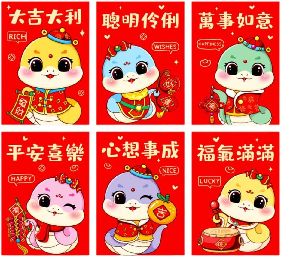 REDYY Money Packets,6Pieces Redness Envelopes for Traditional Spring Festival 2025 Snake Year Money Packets Paper Bag Hongbao for New Year