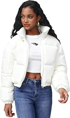 Womens Winter Cropped Puffer Jackets Quilted Jackets Long Sleeve Full Zip Puffer Jacket Coats with Pockets