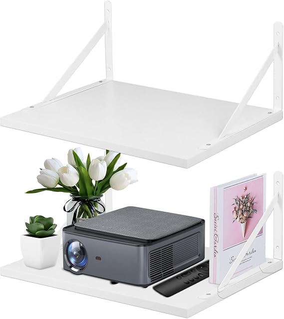 2 Pcs Projector Wall Mount Shelf, Projectors Deep Floating Shelves, Projectors-Rack Holder for Wall, Modem Wide Wall Shelves for Projector/Modem/Router, Cable Box Shelf for Living Room Bedroom