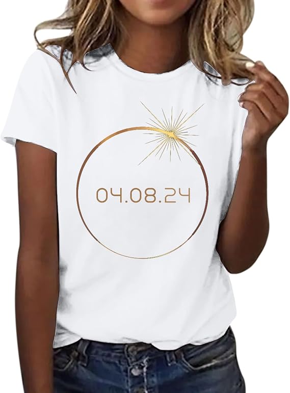Women's Large Size Summer Loose Tee Shirt Short Sleeve Round Neck Sun Print Women's Clothing Chic Summer Tee Beach Large Size Top, white, M