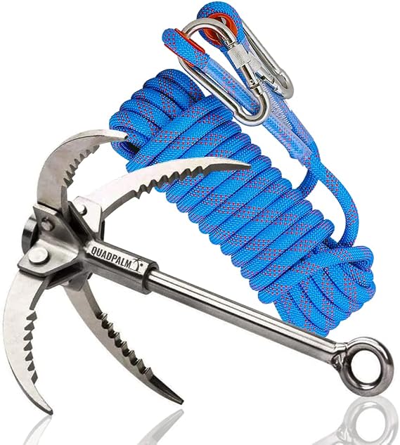 Grappling Hook with 10m Rope Multifunctional QUADPALM Grapple Hook - 4 Stainless Steel Folding Claws - Heavy Duty - Outdoor Camping Hiking Tree Rock Mountain Climbing Equipment