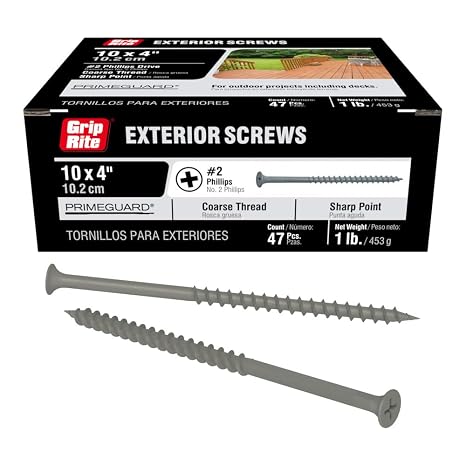 Grip-Rite Exterior Screws - Safe for Use in Treated Lumber - #2 Phillips Bugle Head - Coarse Thread Deck Screws - PrimeGuard Coating - 1lb Box - #9 x 4 - Gray - PTN4S1