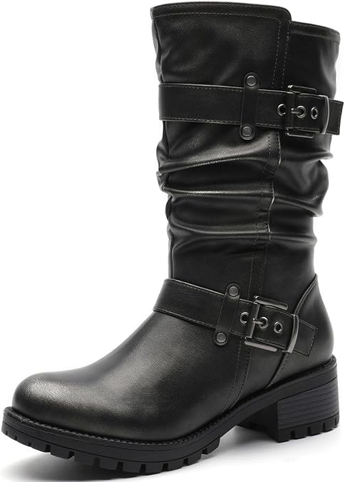 GLOBALWIN Chunky Mid Calf Fashion Dressy Motocycle Biker Military Style Combat Boots for Women Low Heel