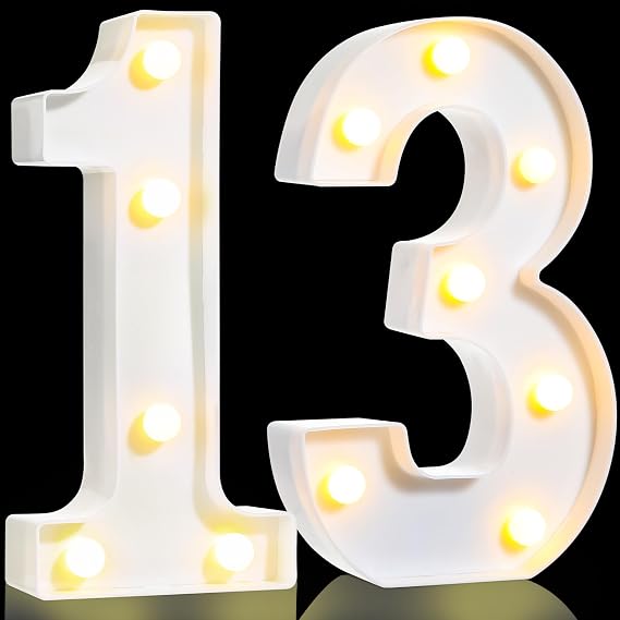 Treela 8.7'' Birthday Decorative LED Light up Numbers, Glitter Marquee Number Sign for Night Birthday Party Decorations Anniversary Bar LED Sign Backdrop Wall Table Centerpieces(13th,White)