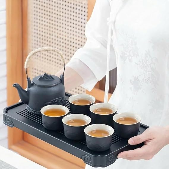 ICHAG Chinese Tea Set, Japanese Tea Sets for Adults, 15-Piece Porcelain Gongfu Tea Set with Tea Pet & Tea Tray, Japanese Teapot Set, Travel Tea Party Set, for Home/Office/Outdoor/Gifts (Black)