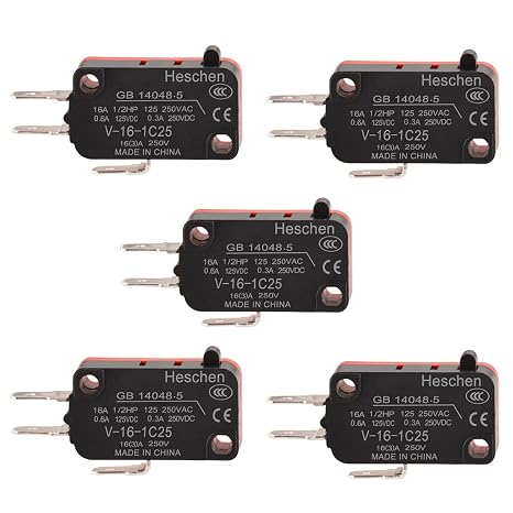 Heschen 5 Pack Micro Switch 16A 1/2HP 125/250VAC Pin Plunger Button