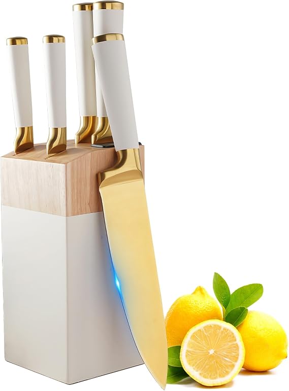 Kitchen Knife Set with Block and Sharpener, 7-Piece Knife Set for Chef, Beige Knife Holder Set, Gold-Plated Stainless Steel Kitchen Knife, Ergonomically Designed (Beige)