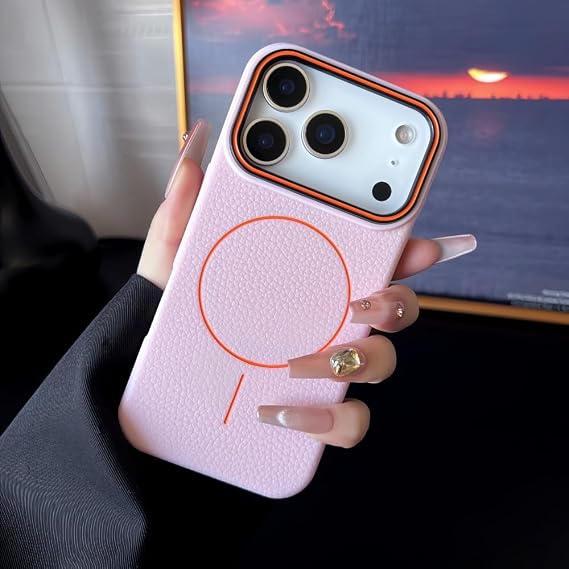 Magnetic Slim Case for iPhone 17 16 15 Pro Max Lichee Pattern [Compatible with MagSafe] Soft Anti-Scratch Luxury Case Cover (for iPhone 17 Pro Max,Pink)