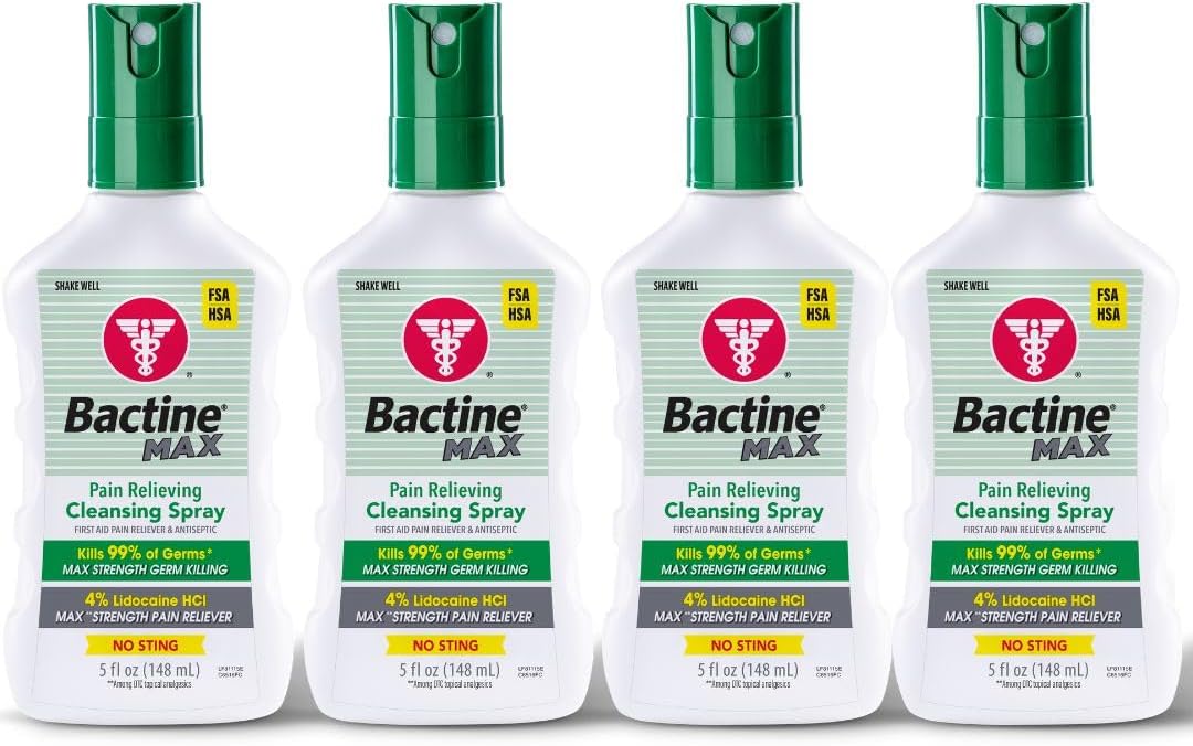 Bactine MAX First Aid Spray - Pain Relief Cleansing Spray with 4% Lidocaine - Numbing Lidocaine Kills 99% of Germs - Pain  Itch Relief for Minor Cuts & Scrapes, Burns & Bug Bites - 5oz, 4 Pack