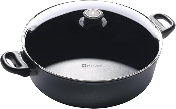 Swiss Diamond Braiser Pan with Lid, Features Double Handles, Nonstick Diamond Coated Braising Pan with Lid Oven Safe & Dishwasher Safe, 12.5", 7.2 Quart, Grey