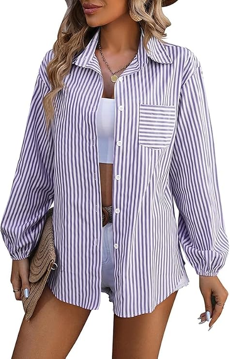 MINTLIMIT Women's Striped Button Down Shirts Long Sleeve Blouse Tops with Pocket