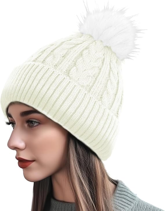 Beanie for Women Men, Soft Beanie hat with Faux Fur Pom for Women, Thick Knitted Ski Cap Warm Hat