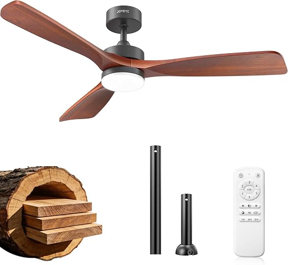 52 Inch Ceiling Fans with Lights and Remote, Solid Wood 3 Blade Modern Ceiling Fan, Quiet DC Motor, 6 Speeds, Dimmable LED, Timer, Indoor & Covered Outdoor Living Room, Bedroom, Patio (Dark Walnut)