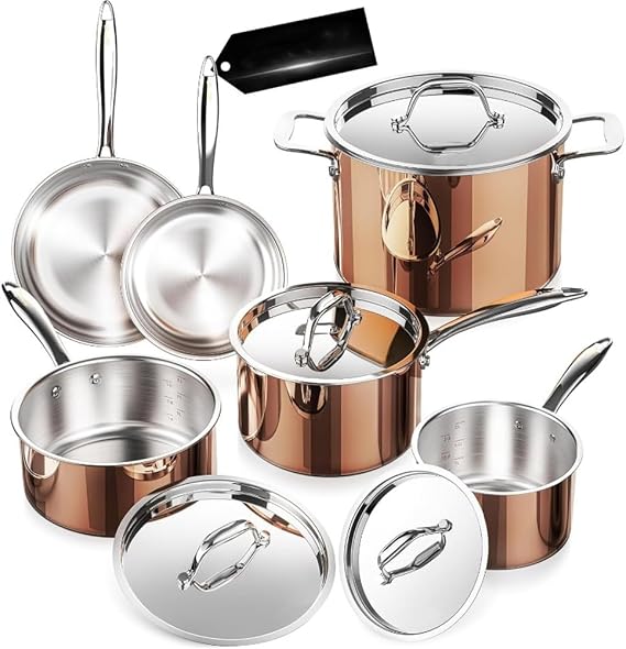 Copper Pots and Pans Set with Stainless Steel Lid Induction Cookware Set Include Stock Pot Saucepan Frying Pan,Copper SS 10 PC,One