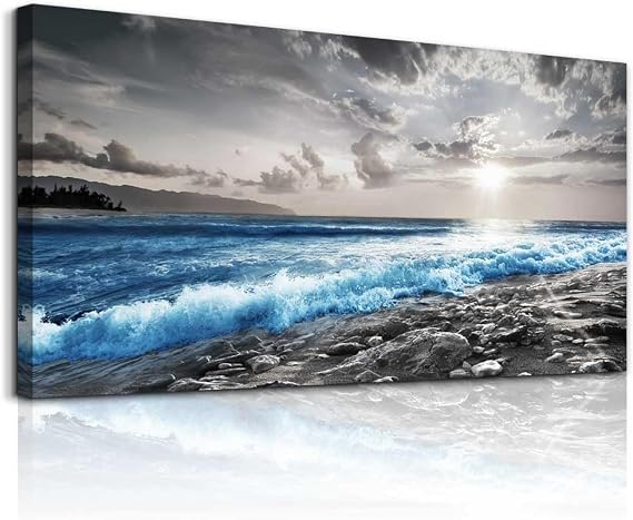 hyidecorart Framed Canvas Wall Art for Office Large Size Wall Decor for Living Room Bedroom Wall Decorations Blue Ocean Wall Painting Black and White Wall Modern Pictures Artwork Mural Home Decor