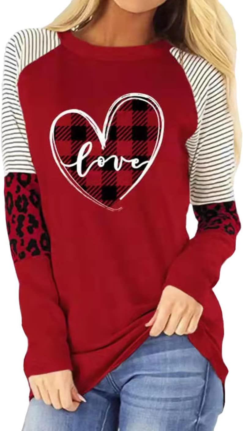 Womens Valentines T-Shirt Leopard Stripe Splicing Sleeve Raglans Shirt Love Heart Printed Buffalo Plaid Graphic Tees