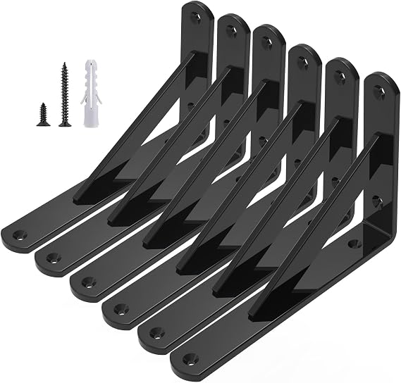 200 mm Shelf Brackets Heavy Duty Shelf Bracket 200 x 120 mm Metal Shelf Bracket Triangular Shelf Supports with Hardware for Wall Shelving, Black, 6 Pack