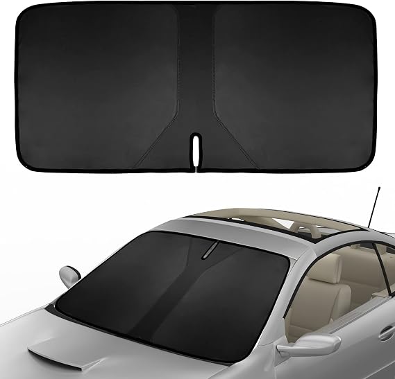 Car Windscreen Sun Shade Front Windshield Sunshade Foldable Sunshade Visor Cover Double Layer UV Protector Foldable Seamless Windshield Sunshade Cover with Storage Bag 140 x 70cm (Black)