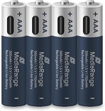 MediaRange Rechargeable USB-C Li-Ion Batteries, Micro AAA I 1.5 V I 500 mAh, Pack of 4