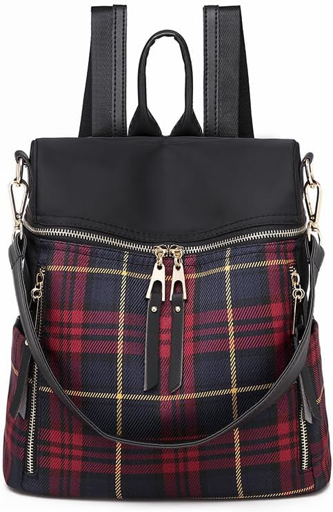 Backpack for Women, Fashion Plaid Oxford Cloth Shoulder Daypack for Travel Daily Use (Red)