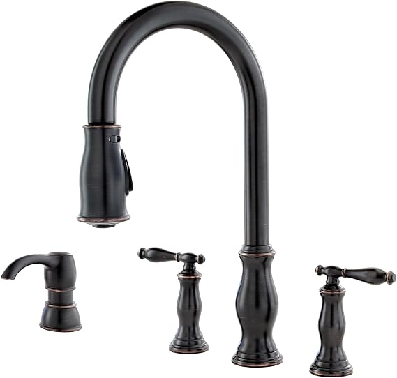 Pfister Hanover Kitchen Sink Faucet with Pull Down Sprayer and Soap Dispenser, 2-Handle High Arc Design, 4-Hole Installation, Tuscan Bronze Finish for Kitchen Sink F5314HNY
