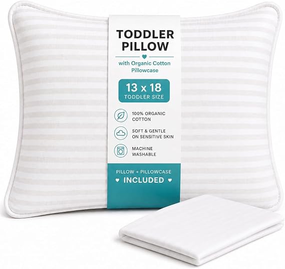 Organic Toddler Pillow 13x18 Inch | Hypoallergenic Cotton Pillowcase & Breathable Core | Small Pillow for Sleeping, Preschool, Travel & Daycare | Safe Kids Pillow for Ages 25