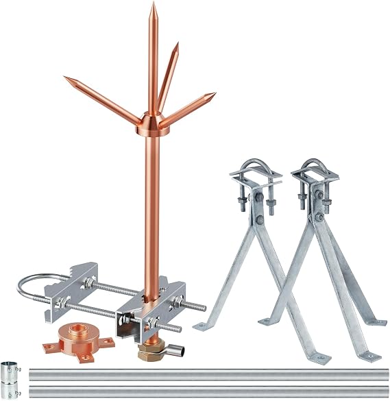 Lightning Rod, Copper Lightning Rod Protection System with Mount Bracket for Eave/Tower/Pole/Sloping Roof (Eave Mount Kit)
