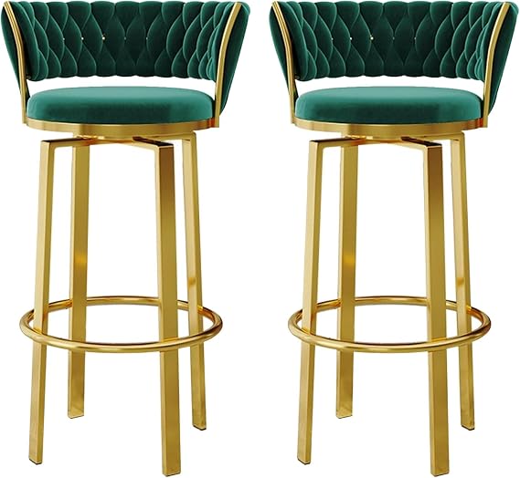 Velvet Bar Stool 29.5'' H Black Bar Chair Set of 4 Swivel Stool with Footrest Handmade Woven Back Armrest for Kitchen Island, Cafe, Pub, Bar Counter